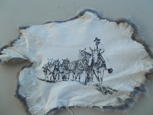 Real nice, printed Pack mule print on brownish grey rabbit fur measures 16" x 12"