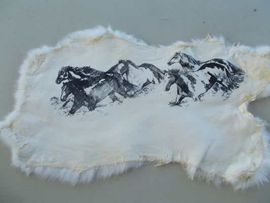 Real nice, printed running horses print on white rabbit fur measures 18" x 11"